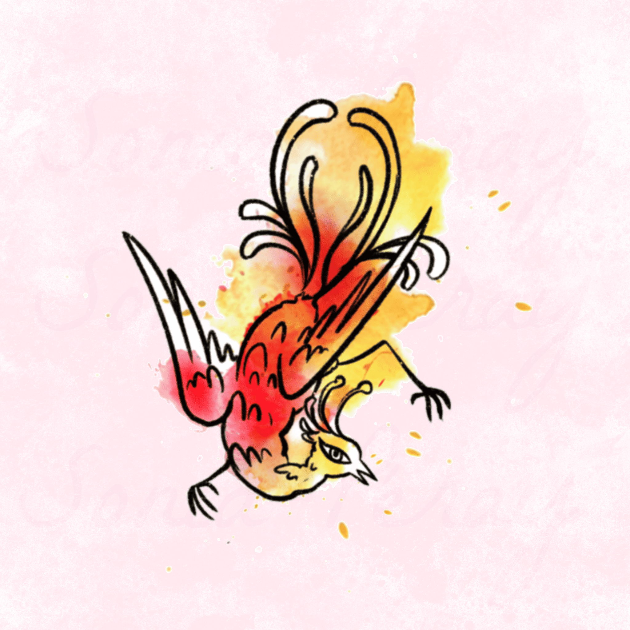 flash tattoo couleur phoenix avec couleurs aquarelles